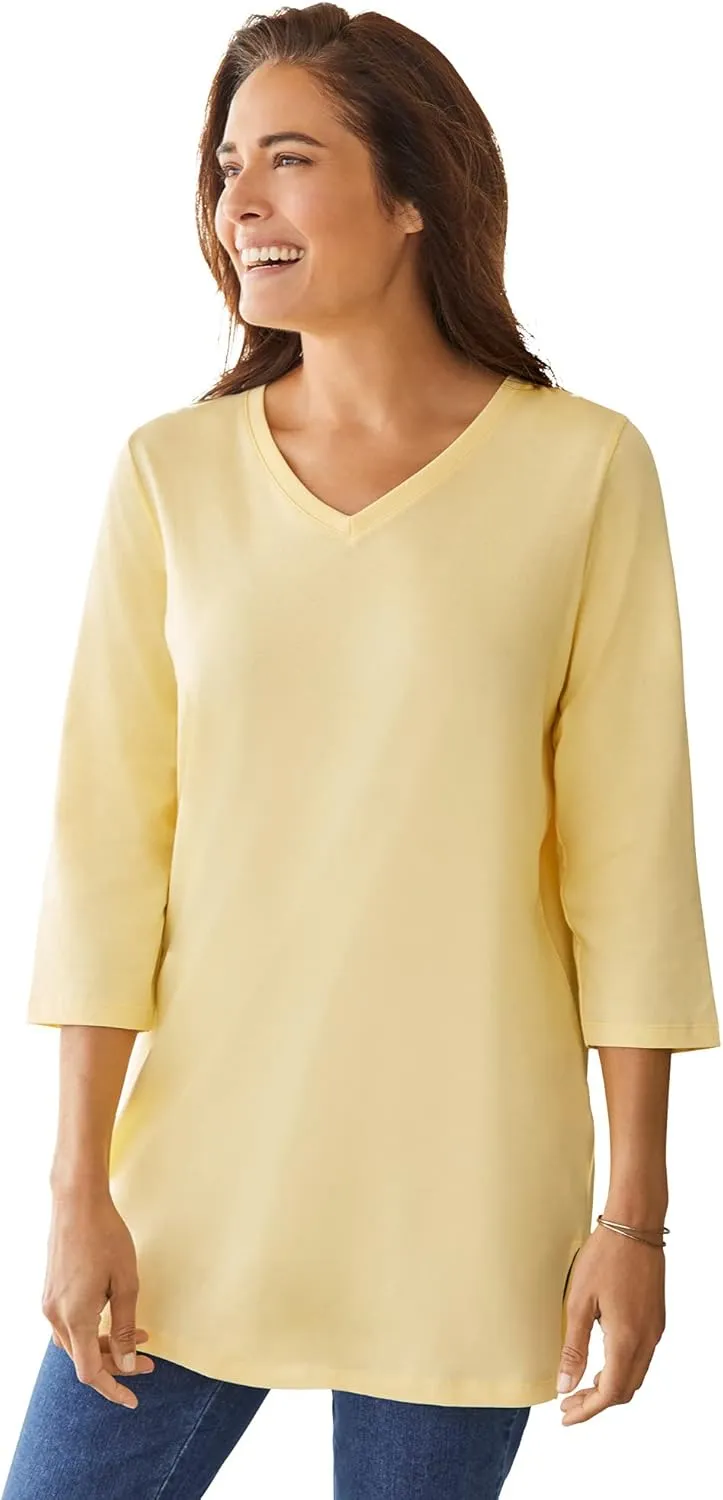 Woman Within Women's Plus Size Perfect Three-Quarter Sleeve V-Neck Tunic