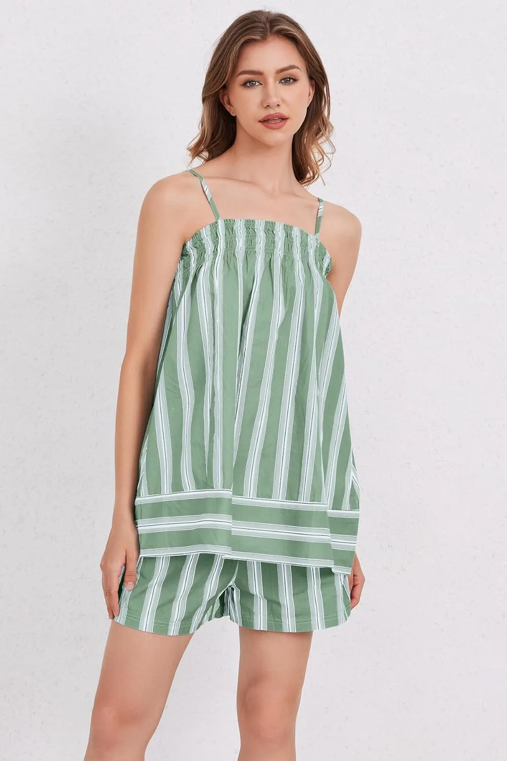 Women 2 Piece Lounge Set Striped Summer Pajama Set Sleeveless Peplum Cami Top and Wide Leg Shorts Set Beachwear