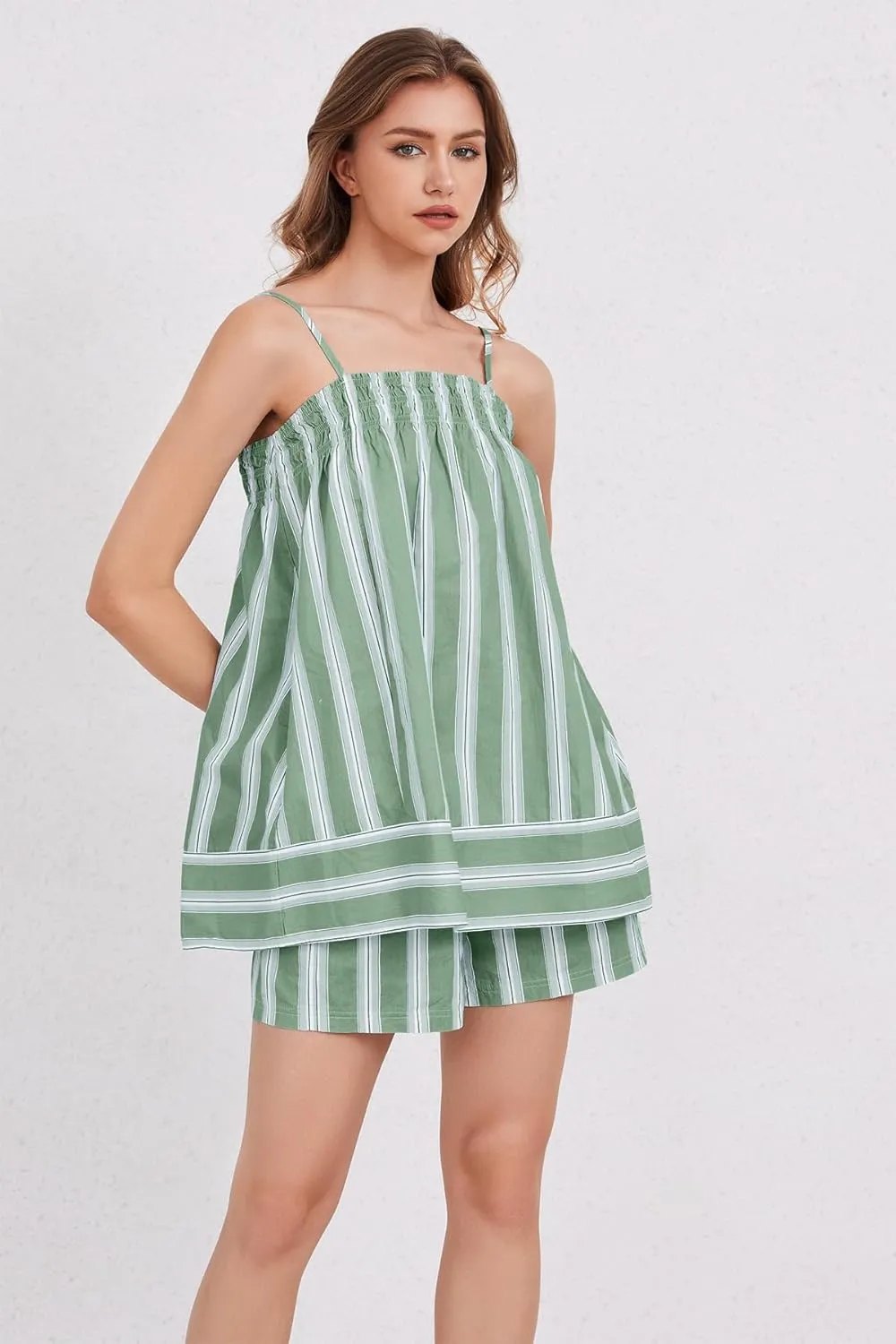 Women 2 Piece Lounge Set Striped Summer Pajama Set Sleeveless Peplum Cami Top and Wide Leg Shorts Set Beachwear