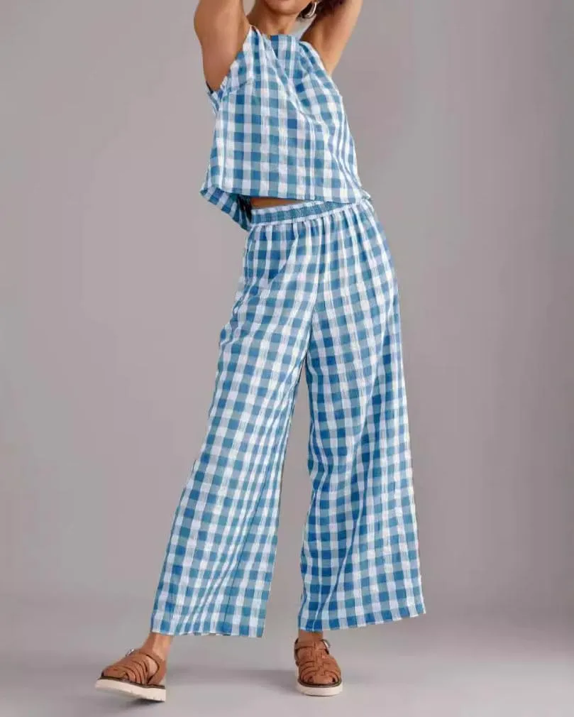 Women 2 Piece Summer Outfits Gingham Lounge Set Y2k Plaid Sleeveless Top Wide Leg Pants Matching Set