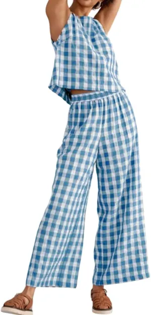 Women 2 Piece Summer Outfits Gingham Lounge Set Y2k Plaid Sleeveless Top Wide Leg Pants Matching Set