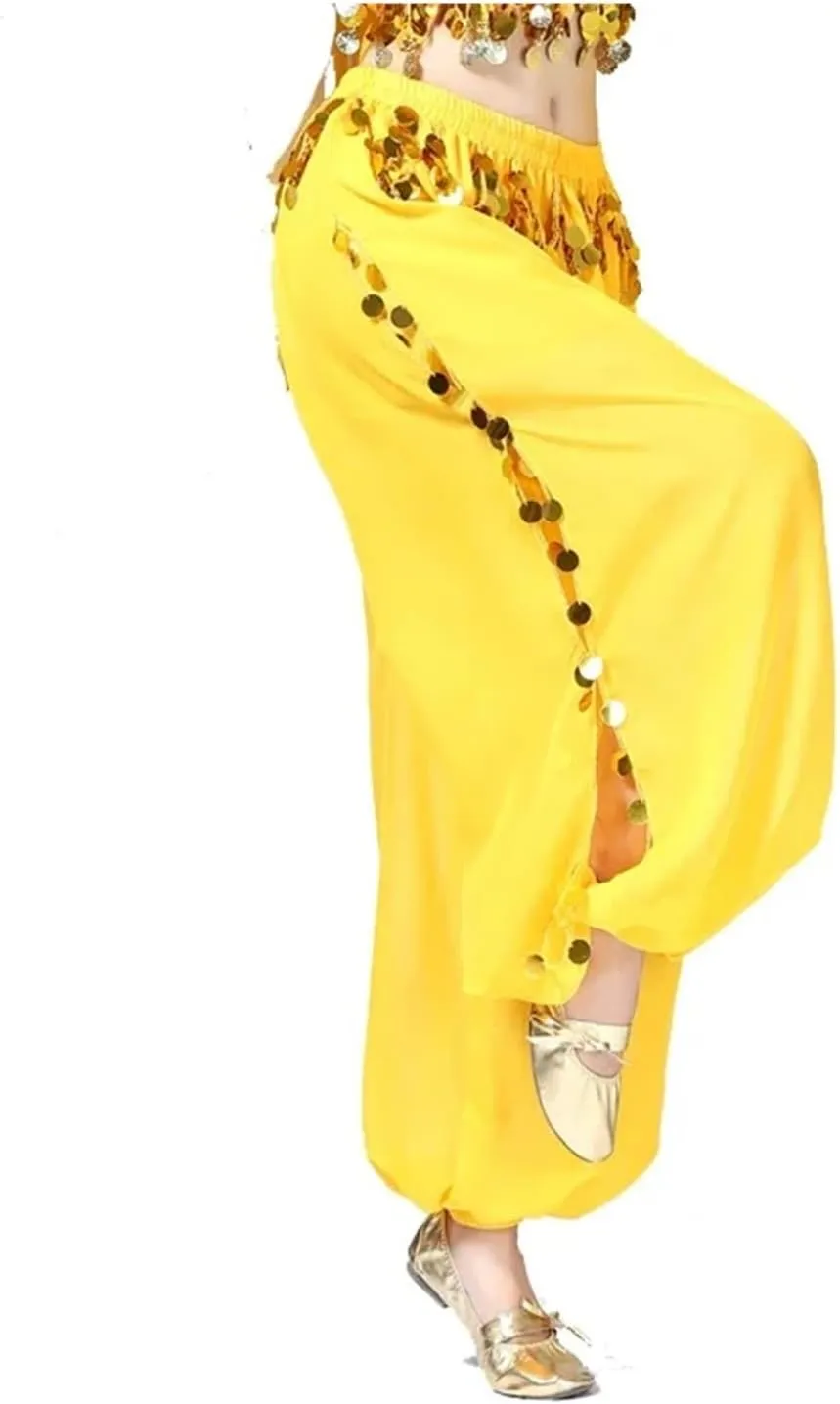 Women Belly Dance Coins Lantern Pants Side Slit Sequin Chiffon Pants Harem Pants Halloween Costume Party Dancewear(Black)