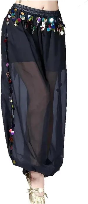 Women Belly Dance Coins Lantern Pants Side Slit Sequin Chiffon Pants Harem Pants Halloween Costume Party Dancewear(Black)