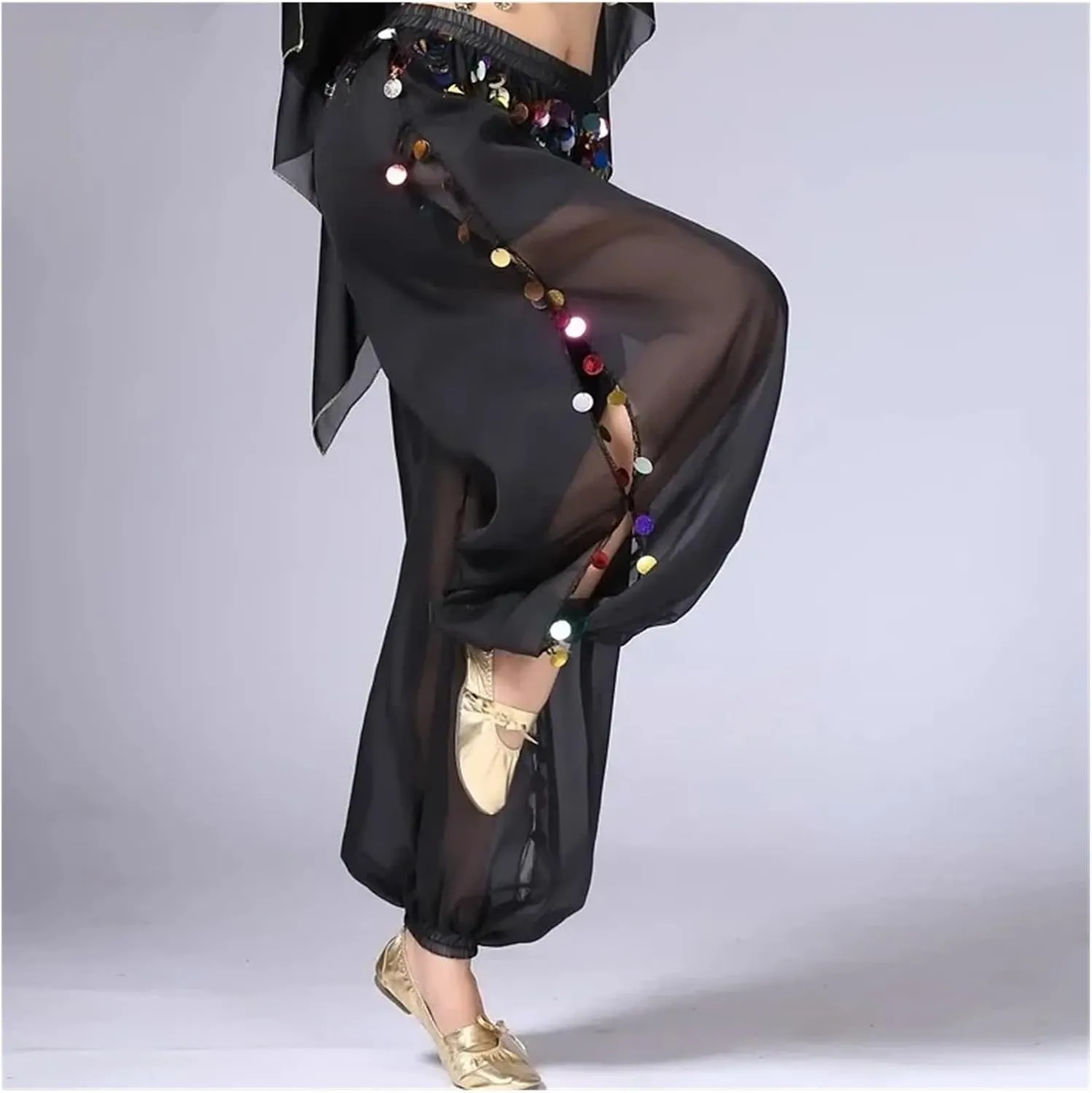 Women Belly Dance Coins Lantern Pants Side Slit Sequin Chiffon Pants Harem Pants Halloween Costume Party Dancewear(Black)