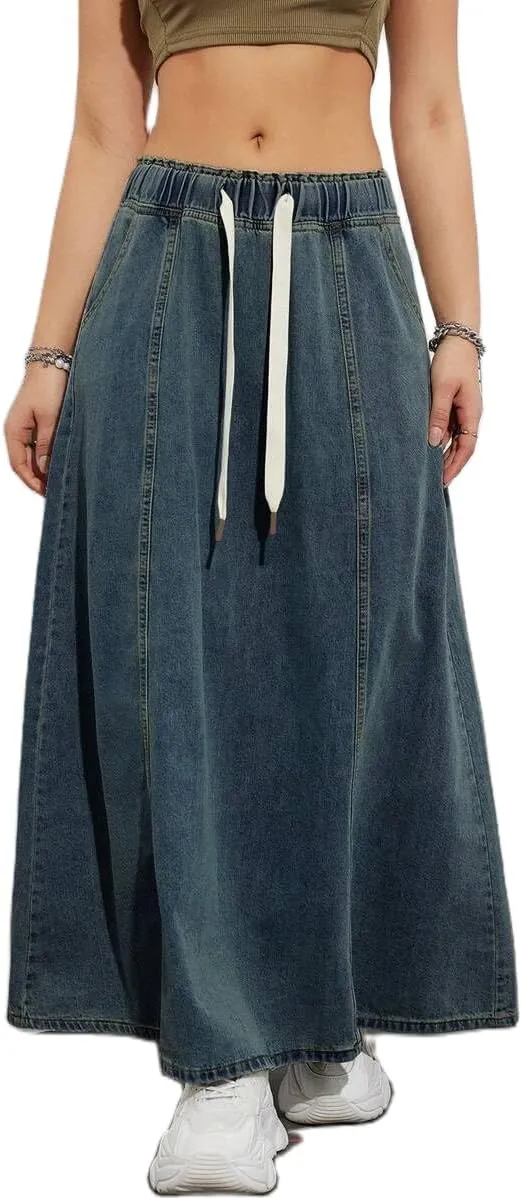 Women Casual Elastic Waist Jeans Long Skirts High Rise A Line Flare Denim Maxi Skirt
