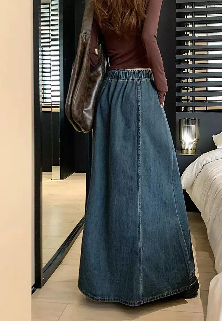 Women Casual Elastic Waist Jeans Long Skirts High Rise A Line Flare Denim Maxi Skirt