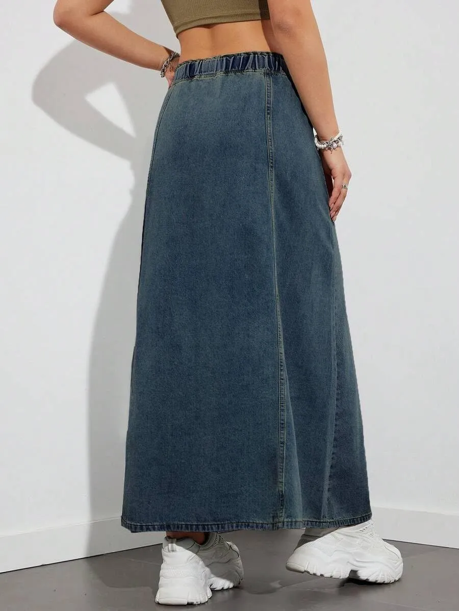 Women Casual Elastic Waist Jeans Long Skirts High Rise A Line Flare Denim Maxi Skirt
