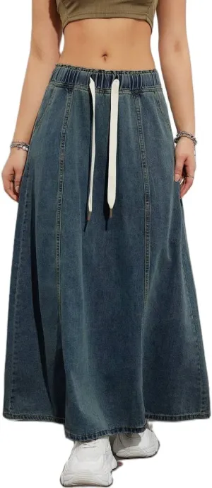 Women Casual Elastic Waist Jeans Long Skirts High Rise A Line Flare Denim Maxi Skirt