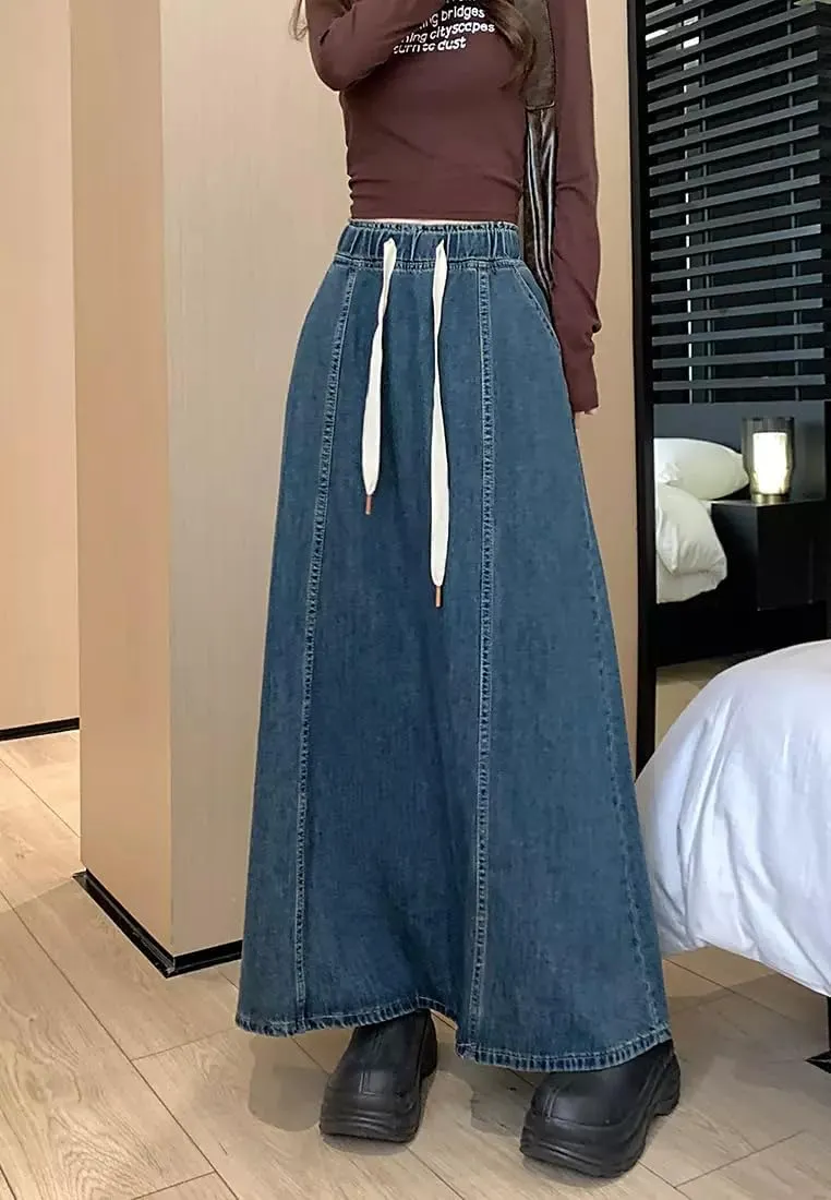 Women Casual Elastic Waist Jeans Long Skirts High Rise A Line Flare Denim Maxi Skirt