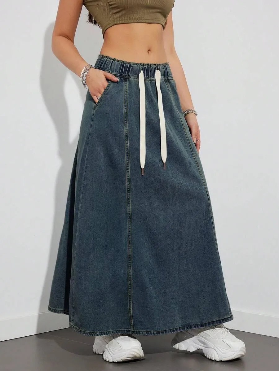 Women Casual Elastic Waist Jeans Long Skirts High Rise A Line Flare Denim Maxi Skirt