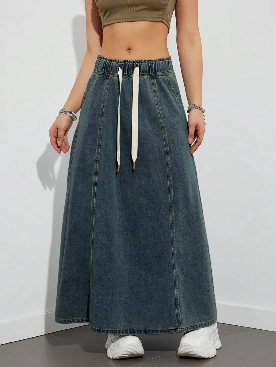 Women Casual Elastic Waist Jeans Long Skirts High Rise A Line Flare Denim Maxi Skirt