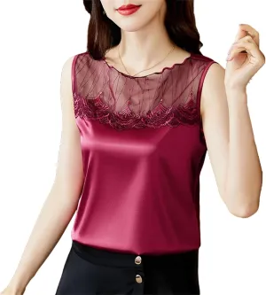 Women Crop Basic Sexy Sleeveless Lace Hollow Out Camisole Vest Casual Satin Tank Tops