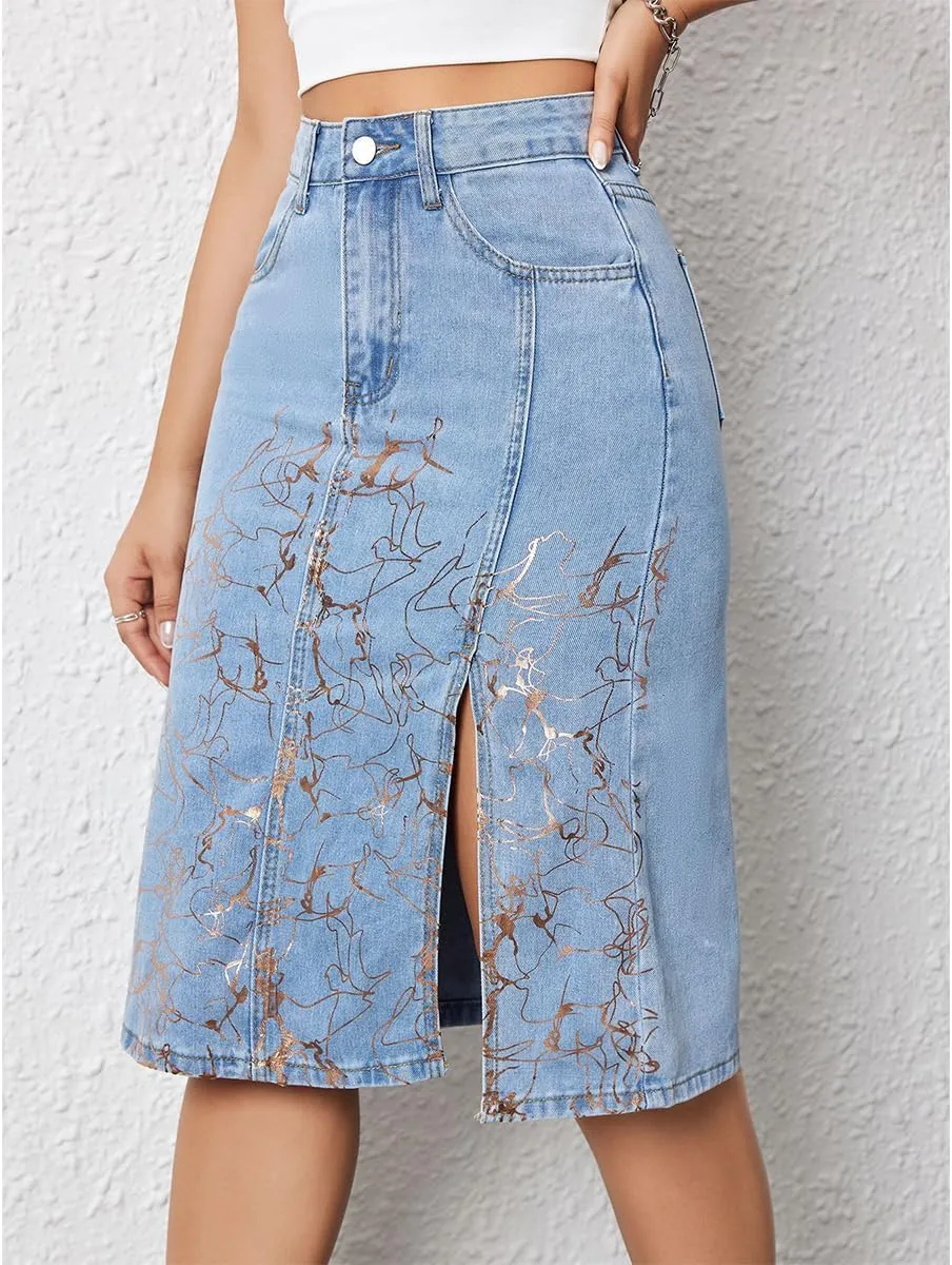 Women Denim Skirts High Waisted Metallic Print Cute Mini A Line Knee Length with Slit Jean Midi Skirt
