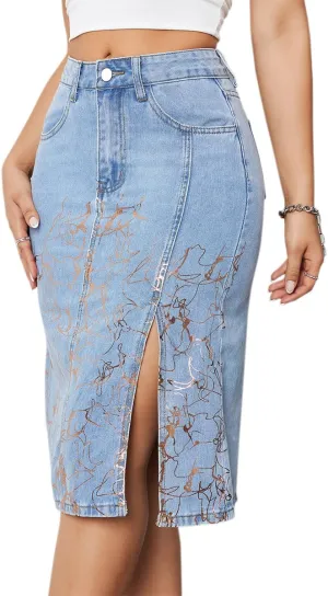 Women Denim Skirts High Waisted Metallic Print Cute Mini A Line Knee Length with Slit Jean Midi Skirt