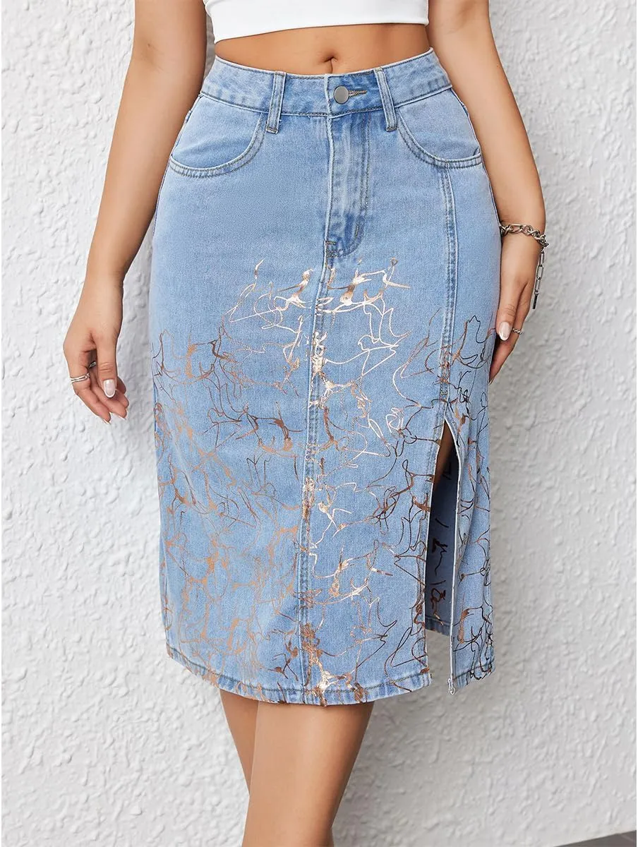 Women Denim Skirts High Waisted Metallic Print Cute Mini A Line Knee Length with Slit Jean Midi Skirt