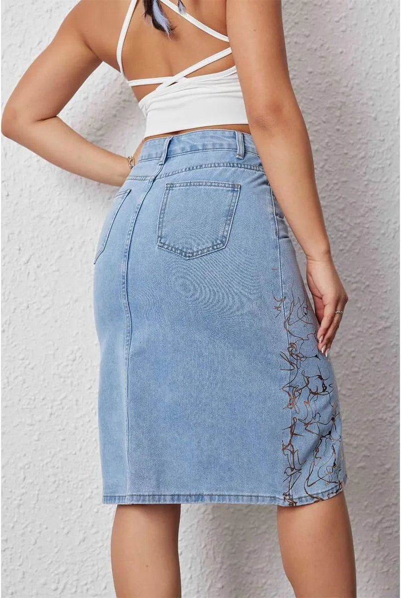 Women Denim Skirts High Waisted Metallic Print Cute Mini A Line Knee Length with Slit Jean Midi Skirt