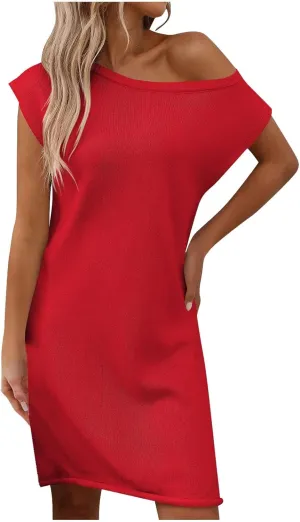 Women Dresses Cold Shoulder Or One Shoulder Short Sleeve Summer Dress Casual Boho Cover Ups Knee Length Beach Dresses