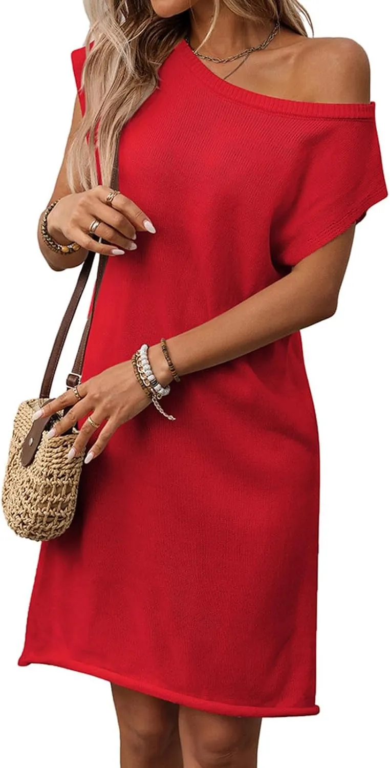 Women Dresses Cold Shoulder Or One Shoulder Short Sleeve Summer Dress Casual Boho Cover Ups Knee Length Beach Dresses
