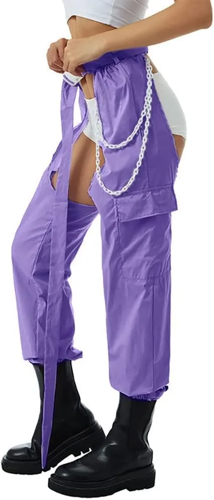 Women Fashion Cargo Pants High Rise Sweatpants Rave Reflective Pants Solid Color Color Block