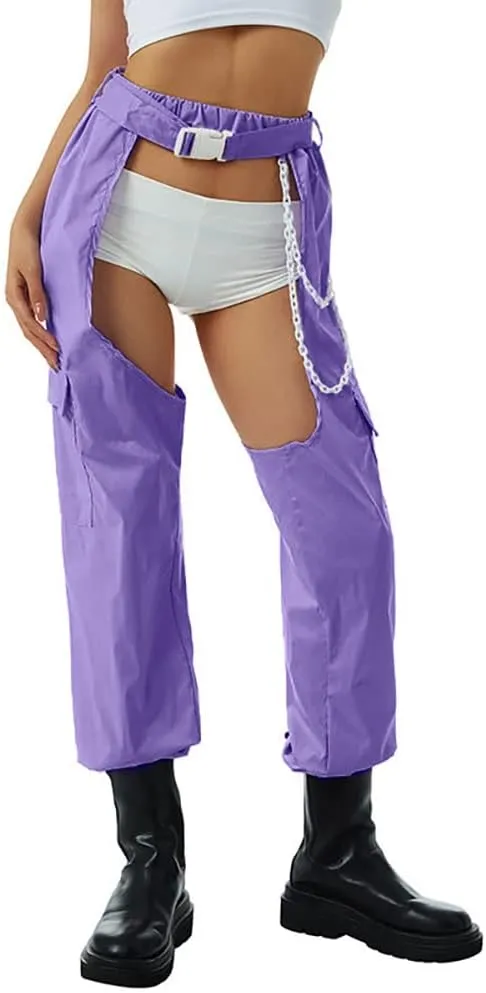 Women Fashion Cargo Pants High Rise Sweatpants Rave Reflective Pants Solid Color Color Block