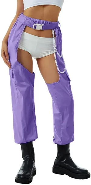Women Fashion Cargo Pants High Rise Sweatpants Rave Reflective Pants Solid Color Color Block