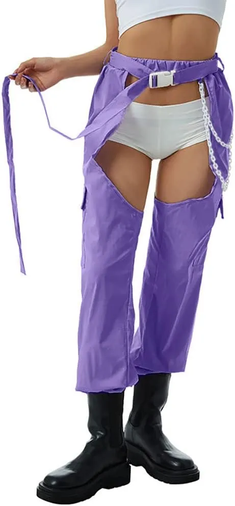 Women Fashion Cargo Pants High Rise Sweatpants Rave Reflective Pants Solid Color Color Block