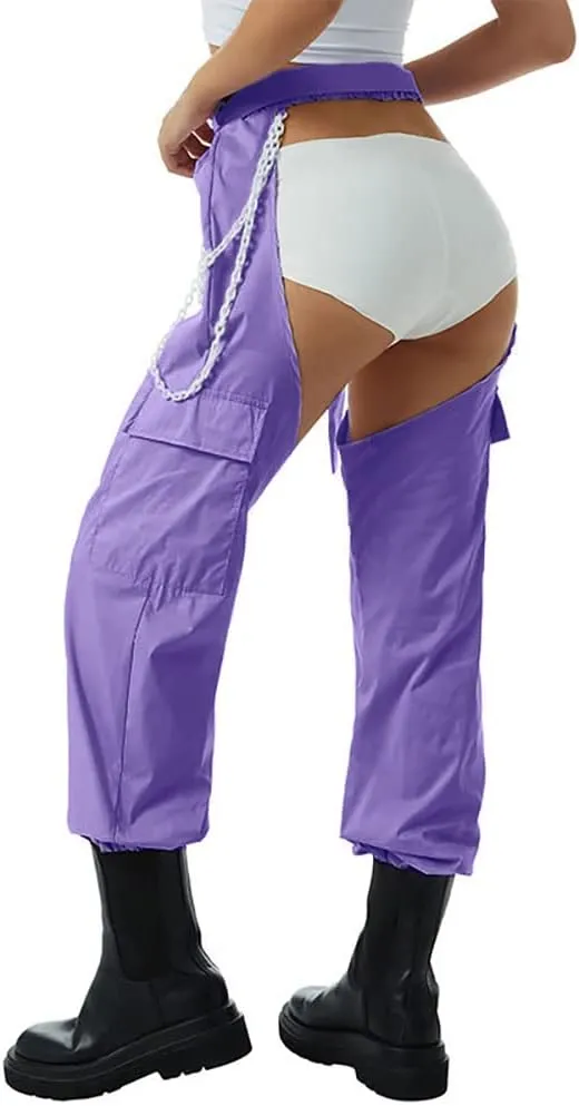 Women Fashion Cargo Pants High Rise Sweatpants Rave Reflective Pants Solid Color Color Block