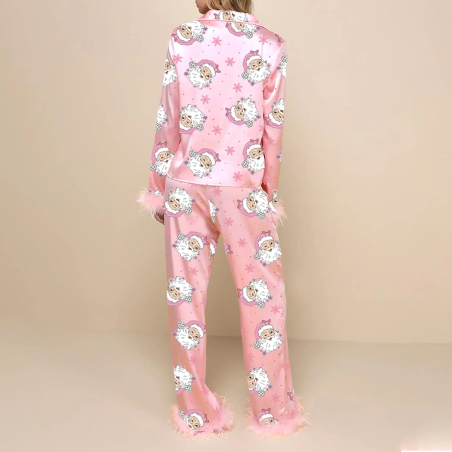 Women Feather Trim Silk Satin Pajama Set Christmas Button Down Shirts and Pants Outfit Sleepwear Loungewear