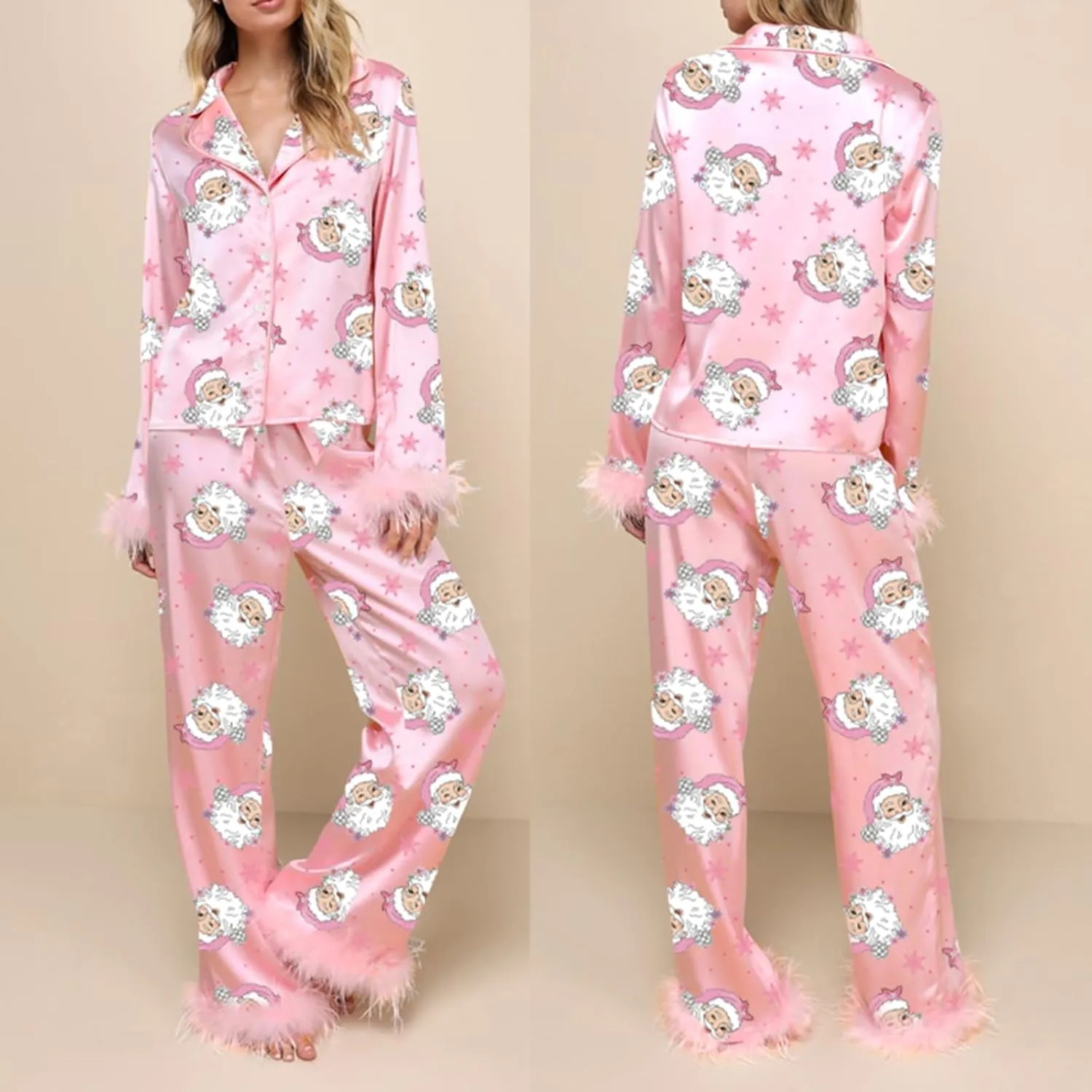 Women Feather Trim Silk Satin Pajama Set Christmas Button Down Shirts and Pants Outfit Sleepwear Loungewear