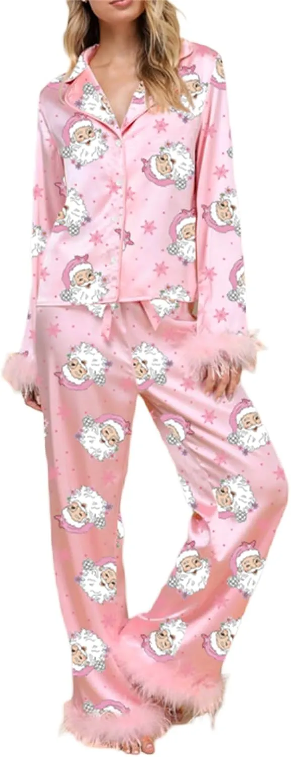 Women Feather Trim Silk Satin Pajama Set Christmas Button Down Shirts and Pants Outfit Sleepwear Loungewear