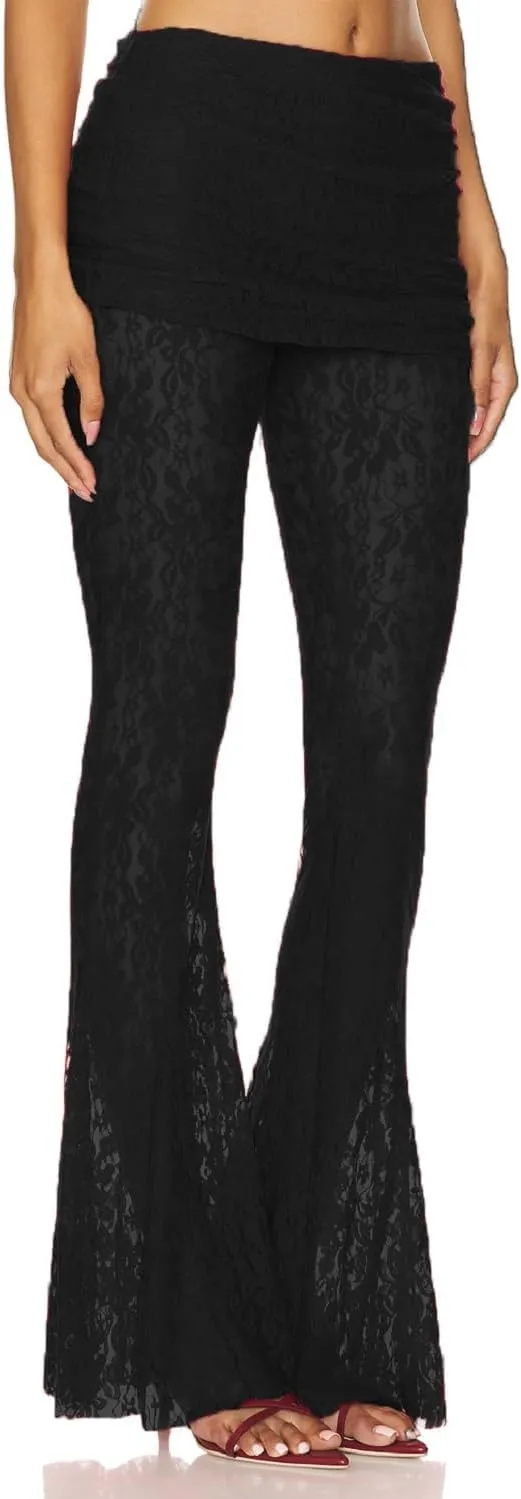 Women Floral Lace Bell Pants Sexy See Through Lace Pants Sheer Mesh Bottom Y2k High Waist Cover Up Trousers