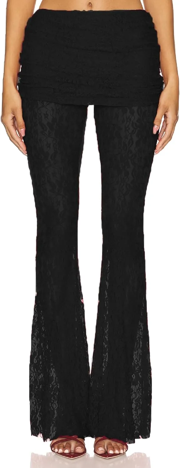 Women Floral Lace Bell Pants Sexy See Through Lace Pants Sheer Mesh Bottom Y2k High Waist Cover Up Trousers