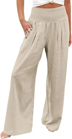 Women High Waisted Linen Palazzo Pants Summer Vacation 2025 Long Wide Leg Lounge Beach Pant Trousers with Pockets