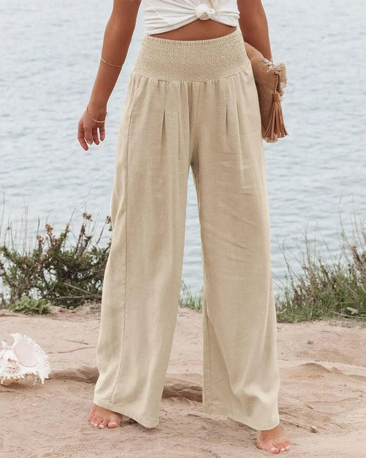 Women High Waisted Linen Palazzo Pants Summer Vacation 2025 Long Wide Leg Lounge Beach Pant Trousers with Pockets