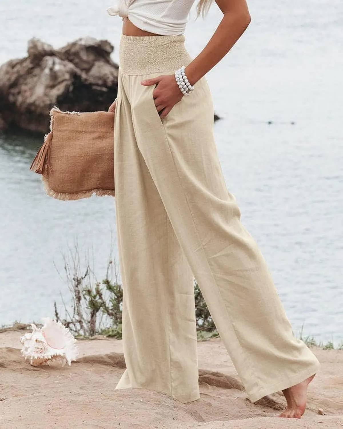 Women High Waisted Linen Palazzo Pants Summer Vacation 2025 Long Wide Leg Lounge Beach Pant Trousers with Pockets