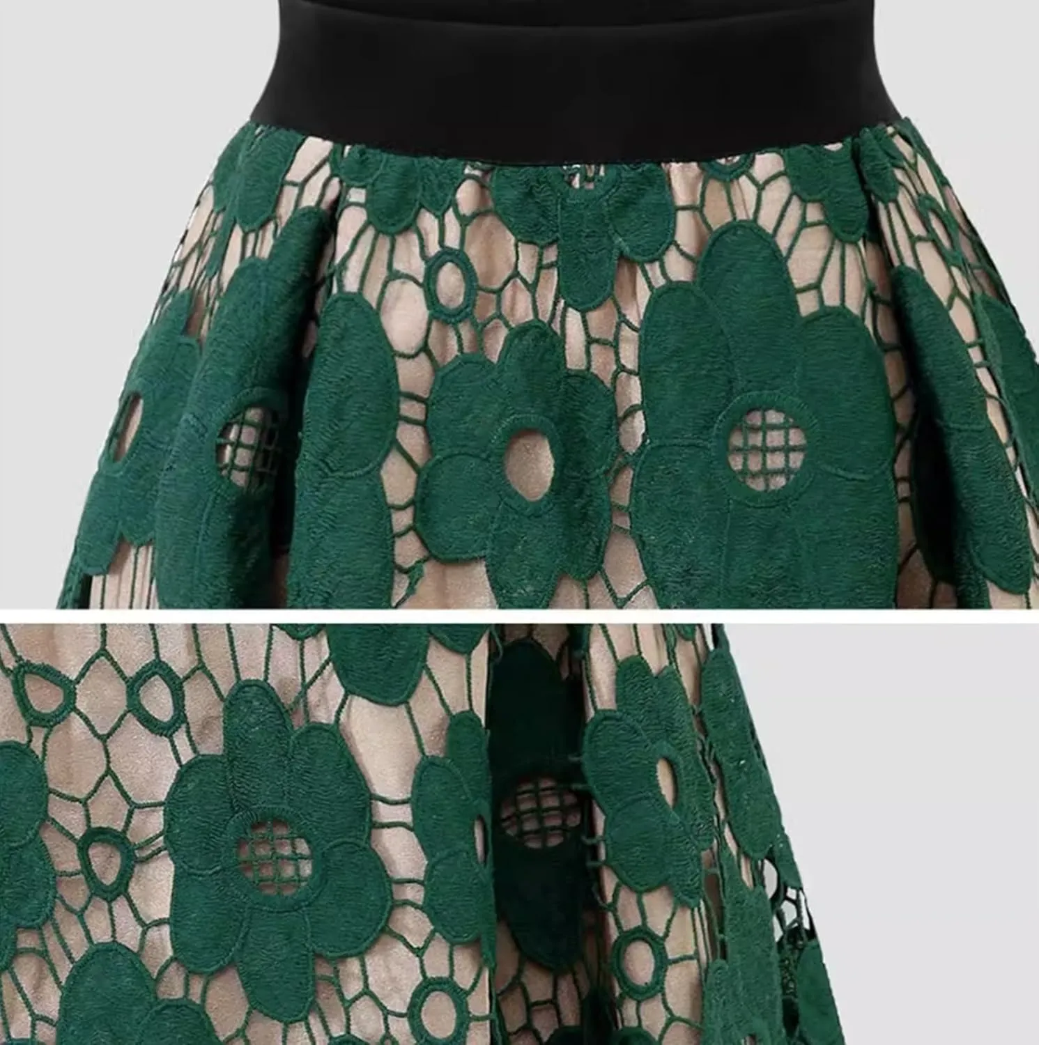 Women Hollow-Out Floral Lace High Waist Pleated A-Line Midi Skirt Knee Length Flared Midi Skirts