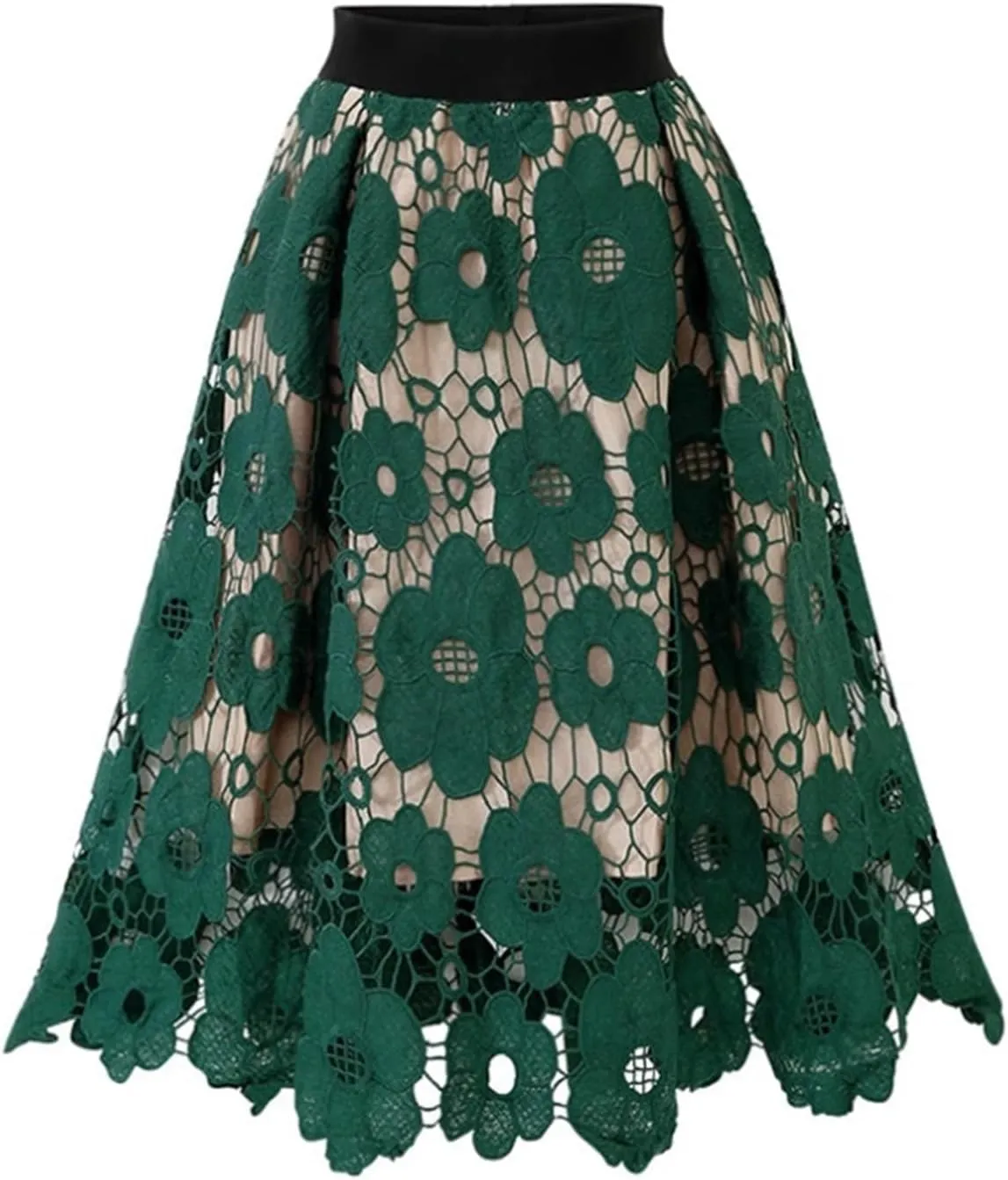 Women Hollow-Out Floral Lace High Waist Pleated A-Line Midi Skirt Knee Length Flared Midi Skirts