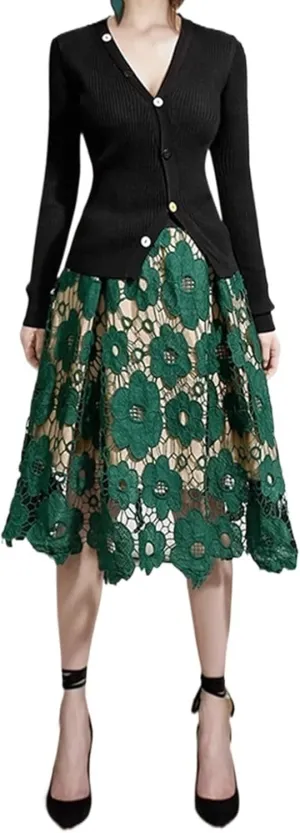 Women Hollow-Out Floral Lace High Waist Pleated A-Line Midi Skirt Knee Length Flared Midi Skirts