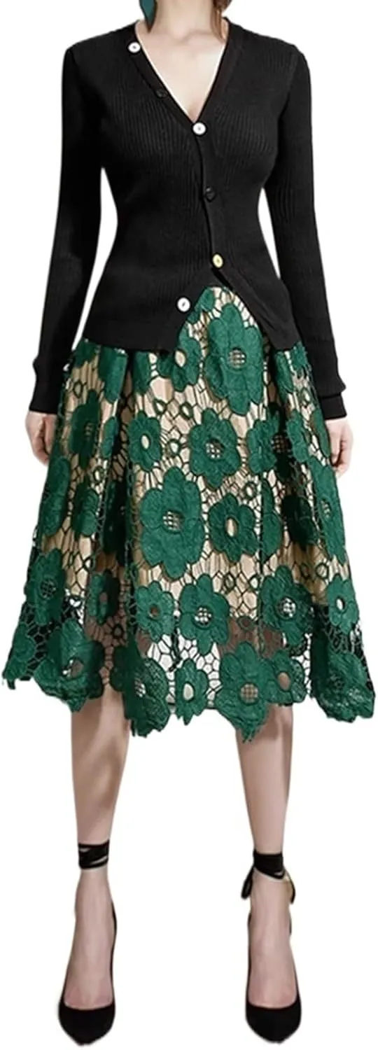Women Hollow-Out Floral Lace High Waist Pleated A-Line Midi Skirt Knee Length Flared Midi Skirts