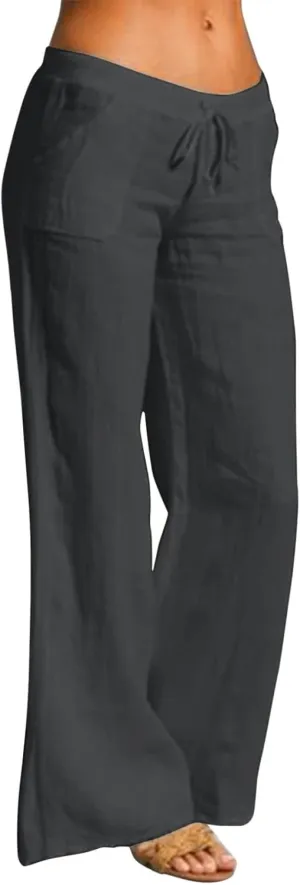 Women Linen Blend Summer Striped Palazzo Pants Elastic Waist Wide Leg Loose Fit Trouser Vacation