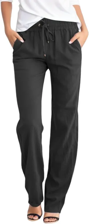 Women Linen Palazzo Pants Casual Dressy High Waist Drawstring Summer Pants for Women 2024 Straight Wide Leg Trousers
