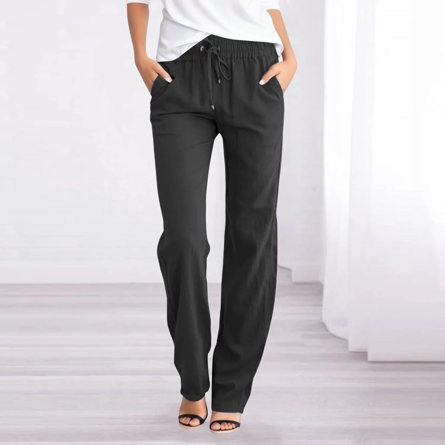 Women Linen Palazzo Pants Casual Dressy High Waist Drawstring Summer Pants for Women 2024 Straight Wide Leg Trousers