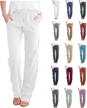 Women Linen Pants Beach Wide Leg Drawstring Joggers Cotton Loose Gauze Pants Summer Cute Causal Lightweight Trousers