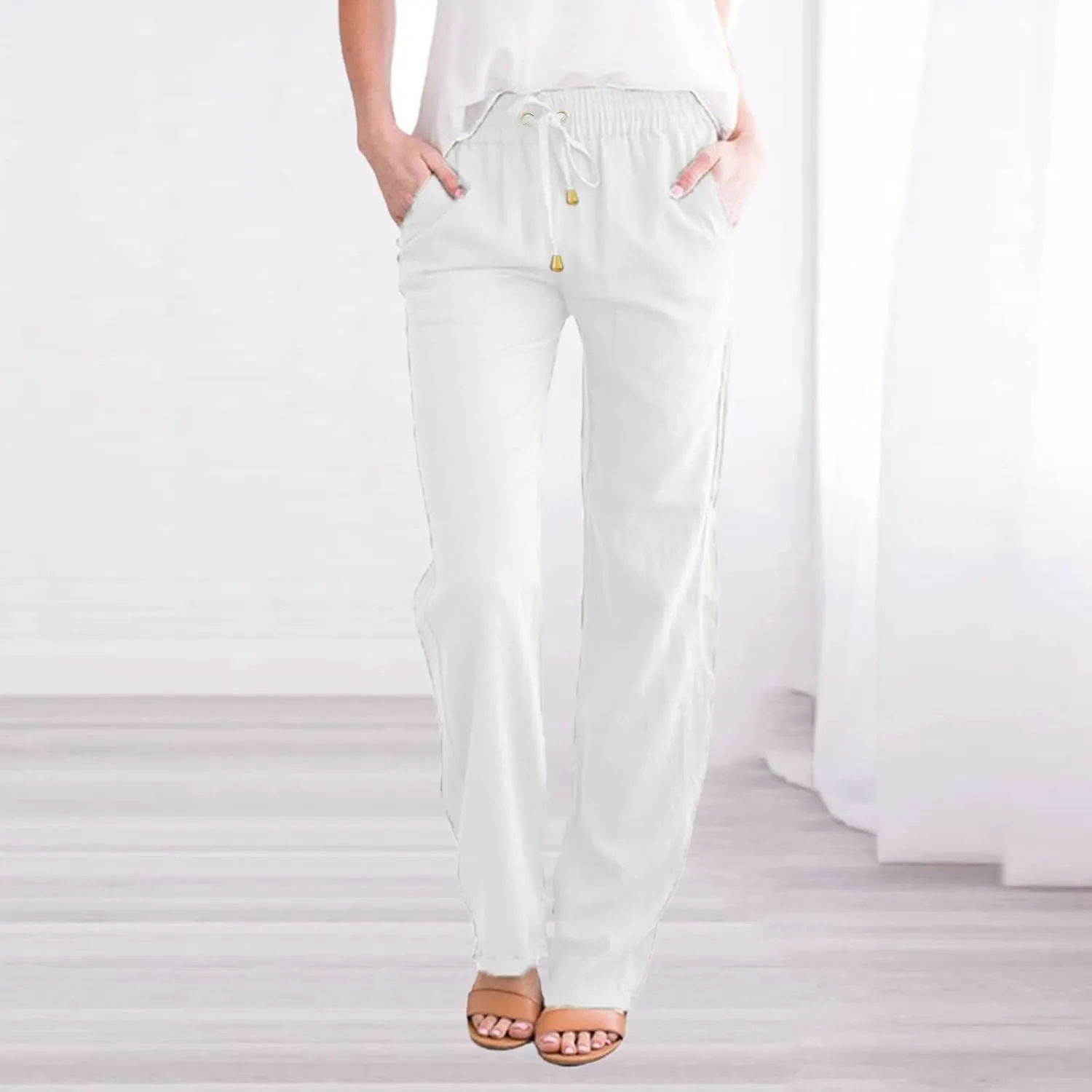 Women Linen Pants Beach Wide Leg Drawstring Joggers Cotton Loose Gauze Pants Summer Cute Causal Lightweight Trousers
