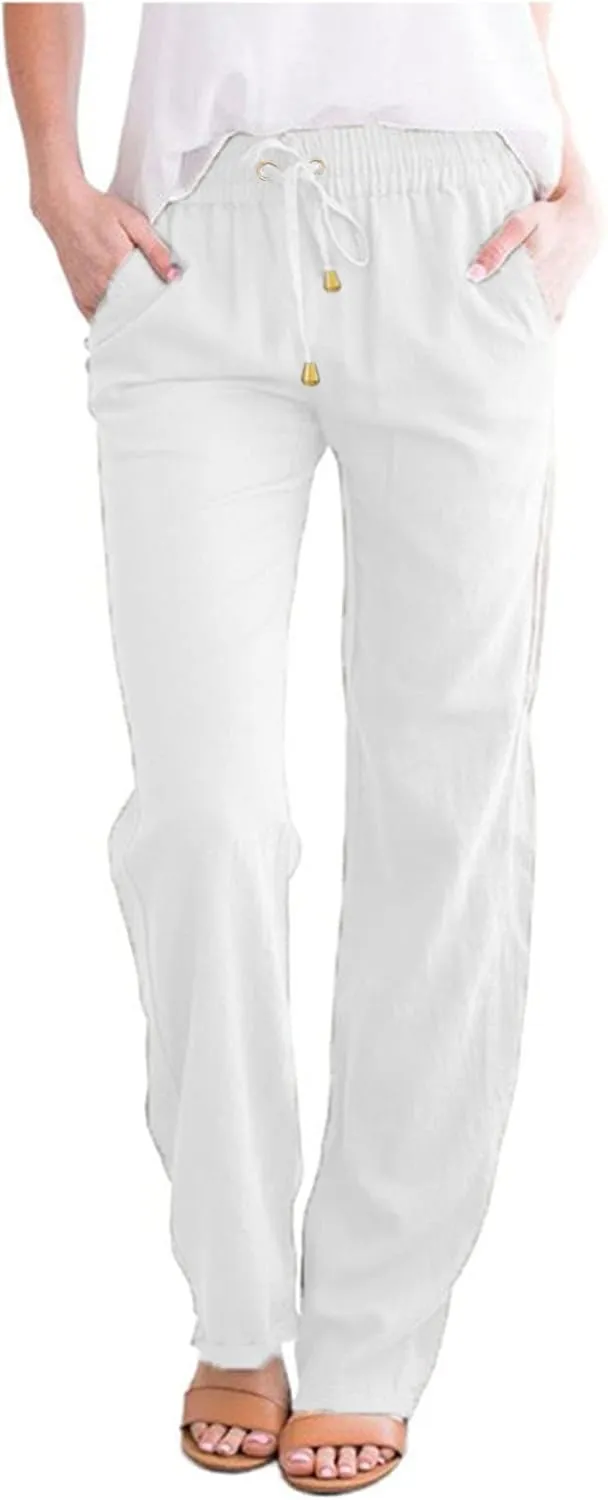Women Linen Pants Beach Wide Leg Drawstring Joggers Cotton Loose Gauze Pants Summer Cute Causal Lightweight Trousers