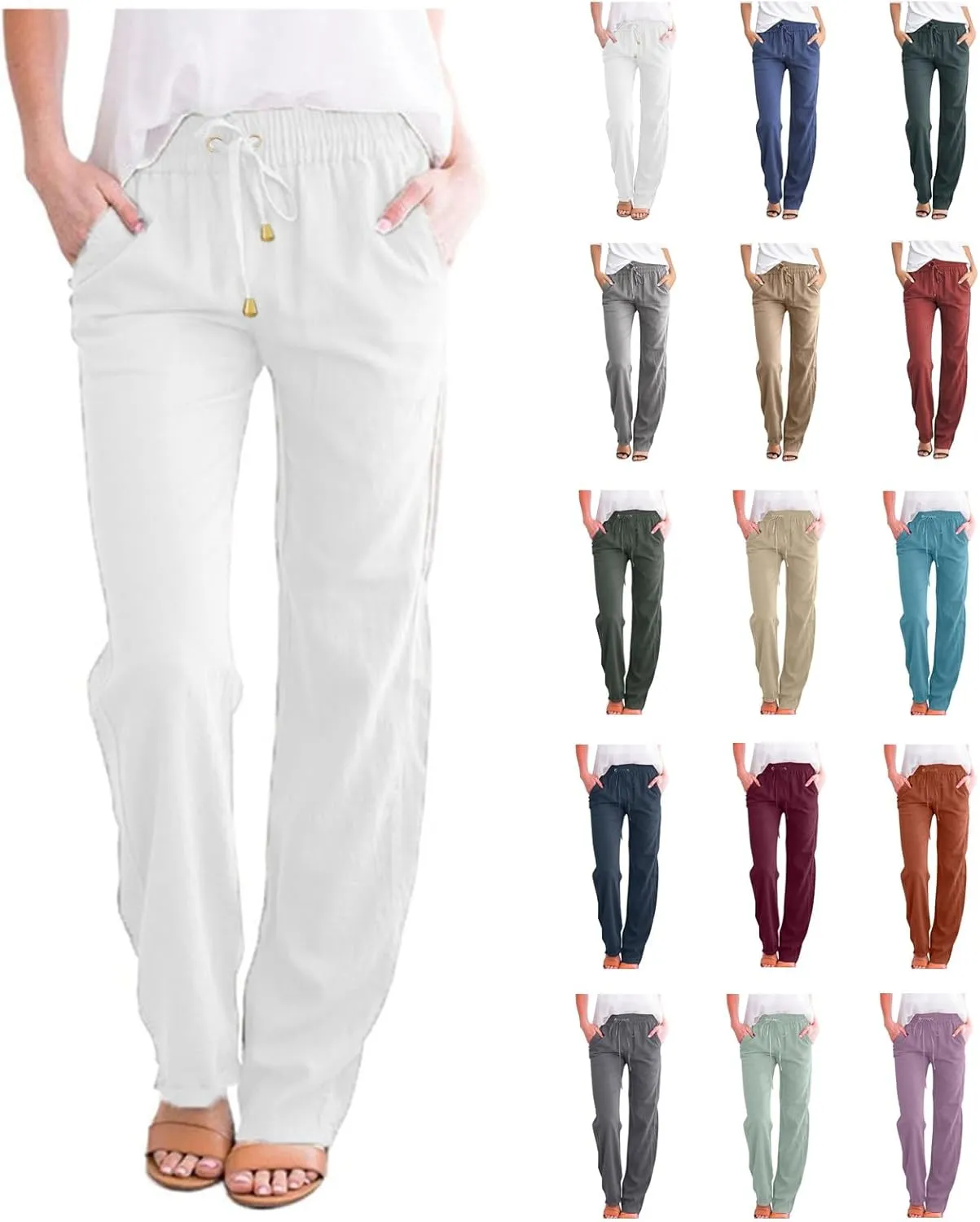 Women Linen Pants Beach Wide Leg Drawstring Joggers Cotton Loose Gauze Pants Summer Cute Causal Lightweight Trousers