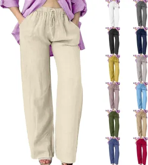 Women Linen Pants Casual Loose Fit Drawstring Elastic Waist Summer Wide Leg Beach Pants Travel Vacation Trouser with Pockets