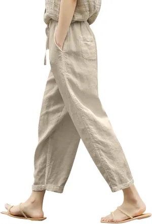 Women Linen Pants Summer Casual Drawstring Pants Plus Size Beach Boho Slacks Lightweight Comfy Workout Crop Trousers