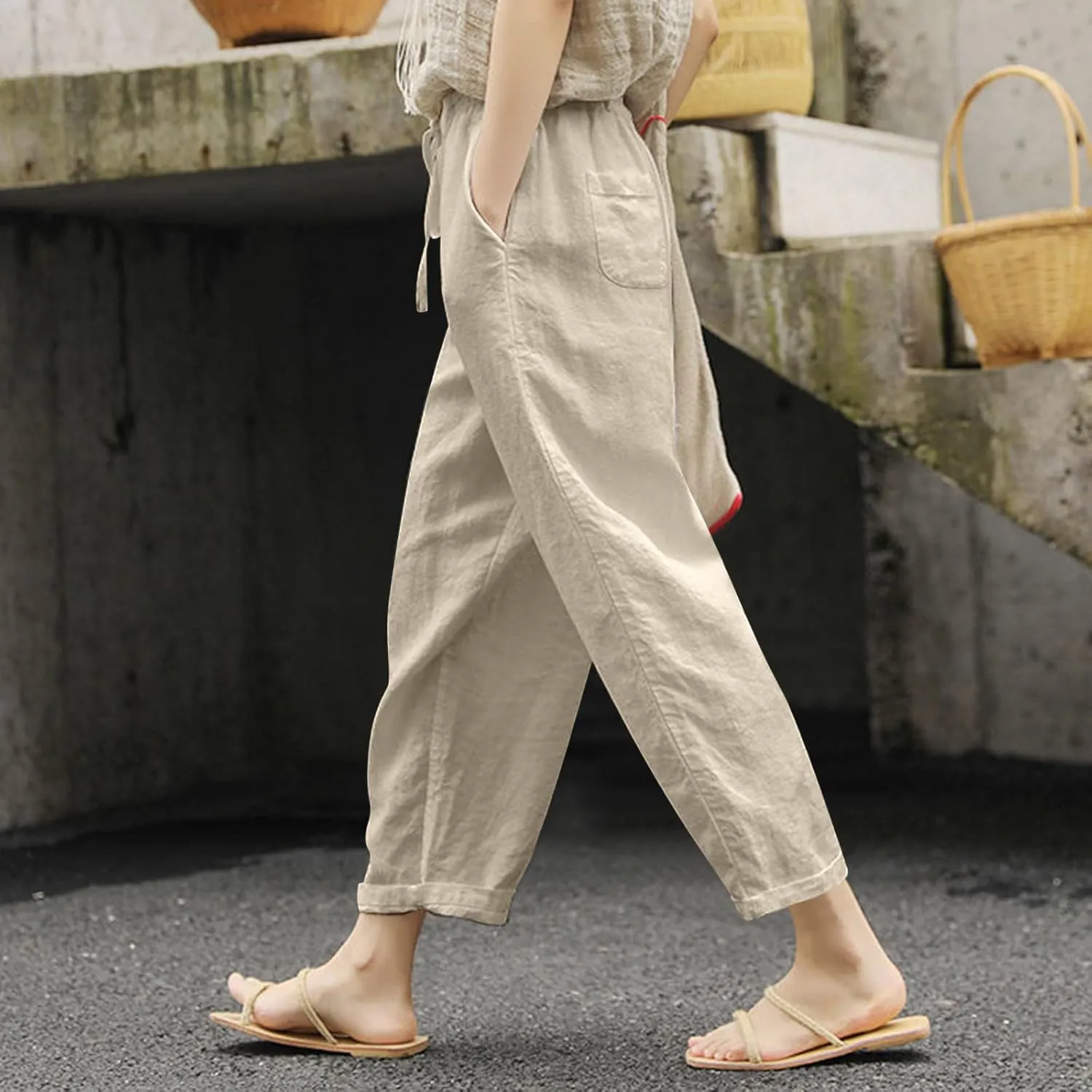 Women Linen Pants Summer Casual Drawstring Pants Plus Size Beach Boho Slacks Lightweight Comfy Workout Crop Trousers