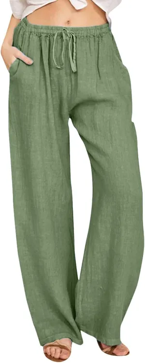 Women Linen Summer Boho Pants High Waist Long Lounge Slim-Fit Pants Business Work